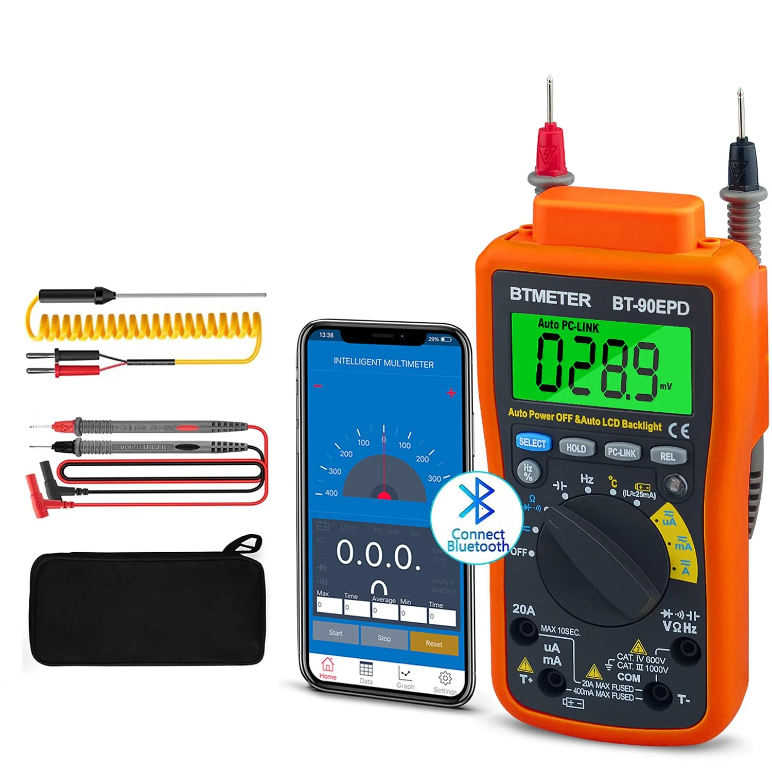 

Bluetooth APP Digital Multimeter - BTMETER BT-90EPD Auto Ranging Multi-Tester 4000 Counts Data Logging on Mobile Phone for AC/DC