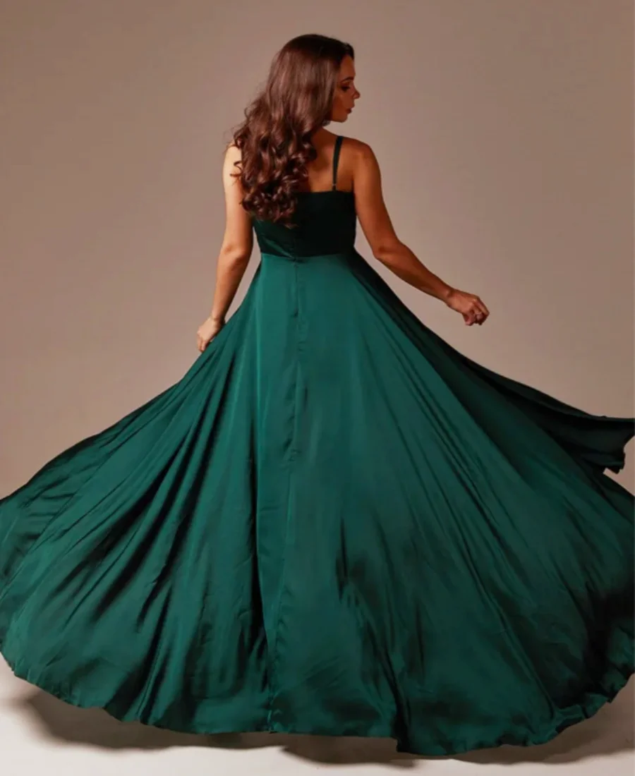 V Neck Floor Length Prom Dress платья вечернее Emerald Green Silk Flared Wedding Guest Bridesmaid Dress Spaghetti Straps Deep