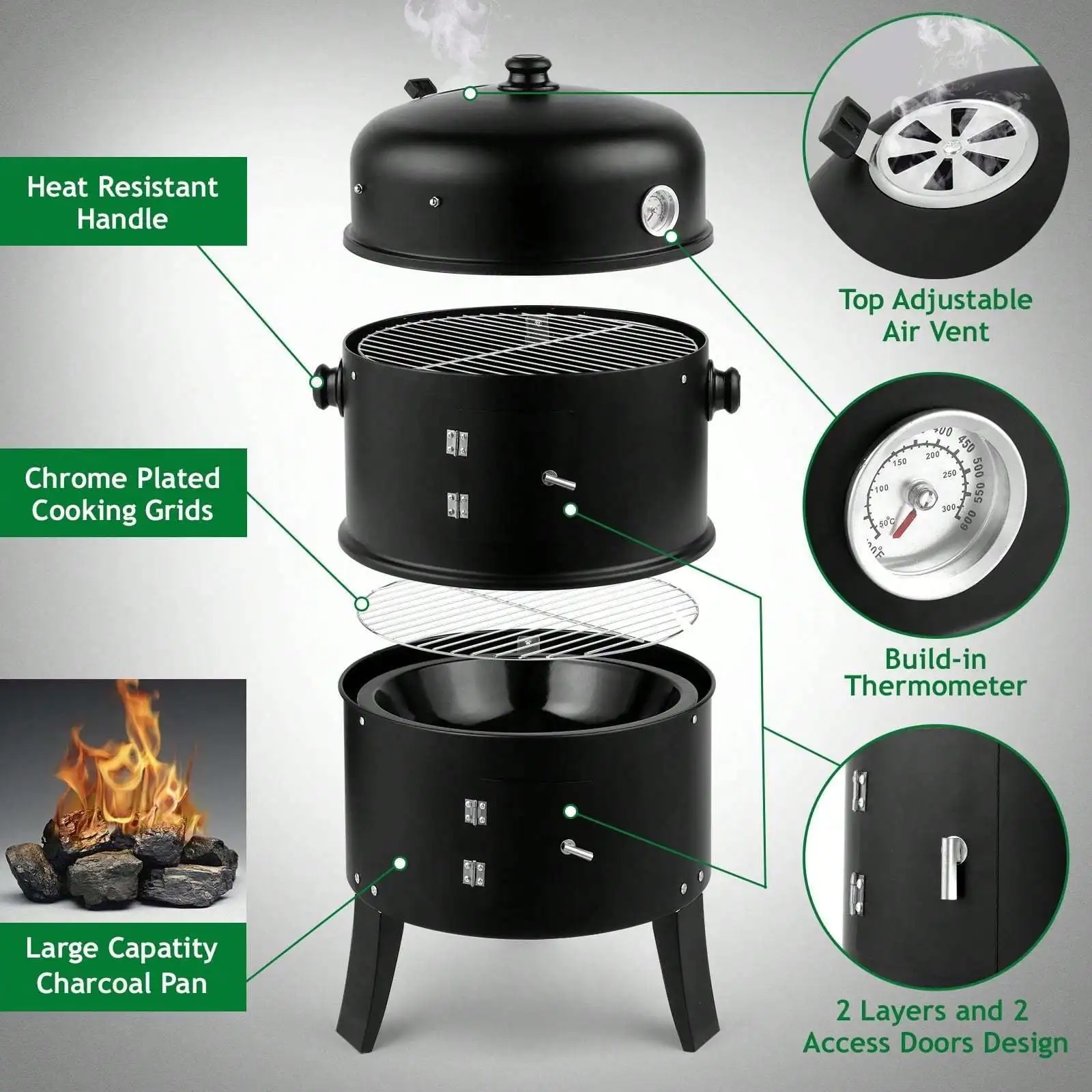 HOWSENTRIP Steel,3-In-1 Vertical Steel Charcoal Smoker, BBQ Smoker Grill With Built-In Thermometer, Air Vent, And 2 Access Doors, Ideal For Parties, Backyard Barbecues & Outdoor Cooking sh25061026880338980