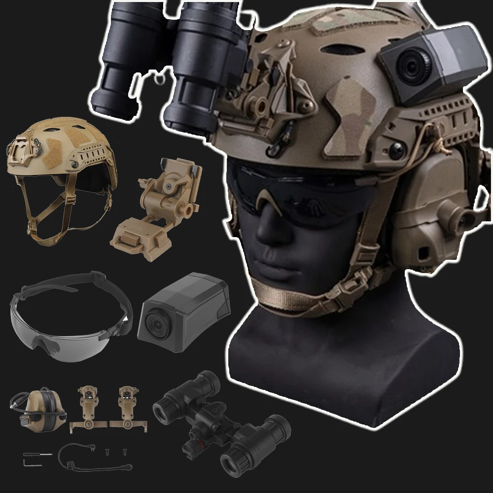 

Tactical Airsoft Helmet Set with Earphones Camera Model Night Vision Model Glasses Adjustable Protection Gear For Hunting Shooti