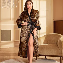 Luxury Brand Women Silk Robes Bathrobes Nightgowns Big Size Leopard Print Cardigan Lace Up Sexy Sleepwear Loungewear New