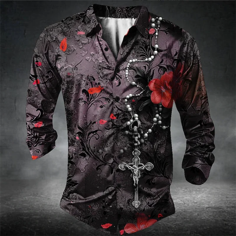 Men's Long Sleeve Shirt Vintage Dark Chain Flower Print Flap Striped Regular Fit Four Seasons Clothing