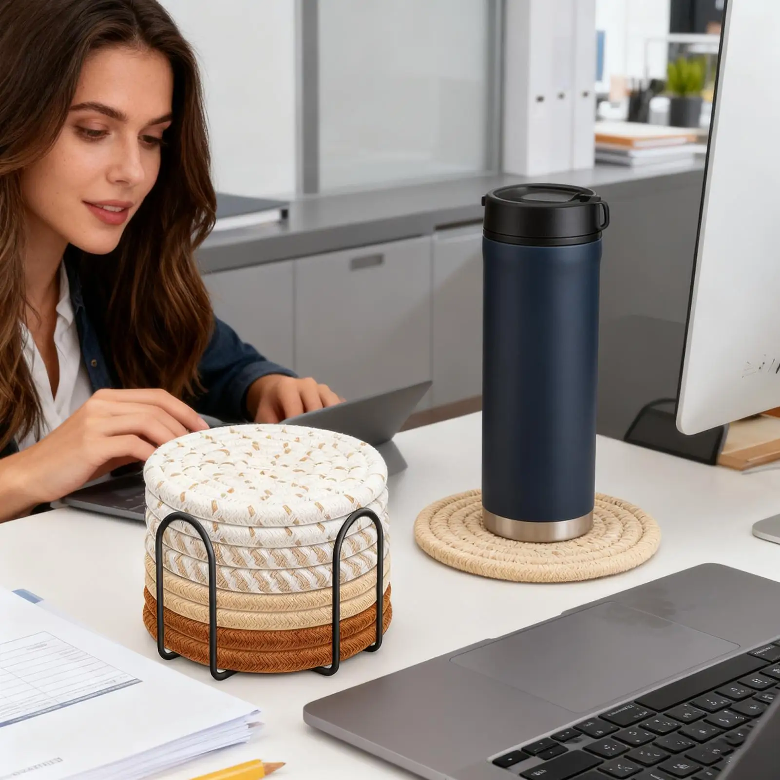 Absorbent Coasters 8 Pieces Absorbent Cup Mat With Holder 4.3 Inch Heat-Resistant Cotton Rope Desk Coaster For Table Home Coffee