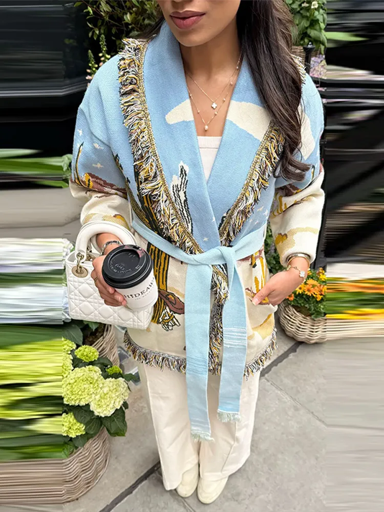 

Print Knit Lace Up Women's Cardigan Tassel V-neck Long Sleeve Loose Thin Female Sweater 2026 Spring Fashion Lady Knitwear