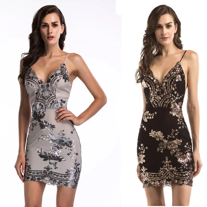 

2025 Summer Female Deep V-neck Strap Dress Sexy Backless Back Zipper Fly Womens Skinny Evening Mini Dress Sequined Party Dress