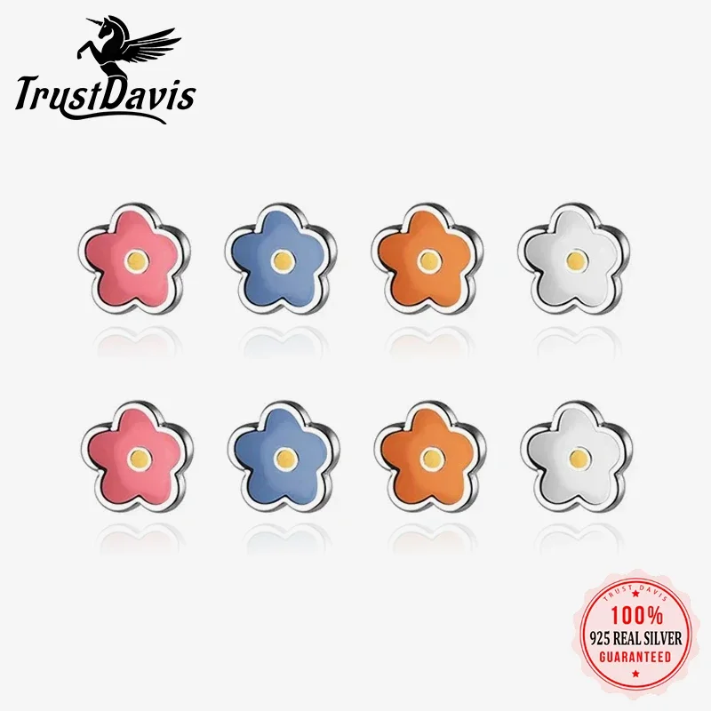 TrustDavis Real 925 Sterling Silver Sweet Mini Colour Glaze Flower Stud Earrings For Daughter Girls Birthday Gift Jewelry DF158