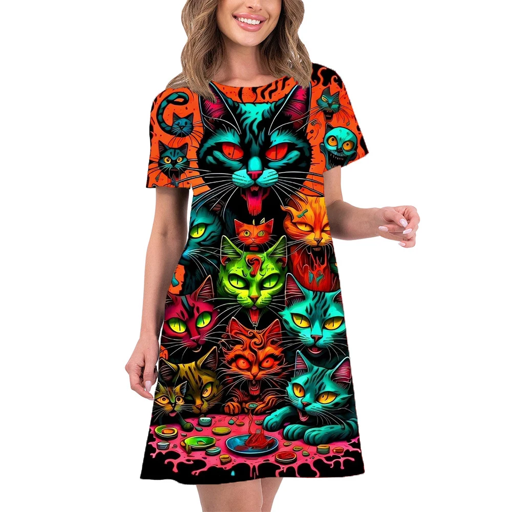 

Colorful Cartoon Cat Print Women Dress Fashion Cute Casual Short Sleeve Mini Dress 2024 Summer Woman Dress Streetwear Clothing