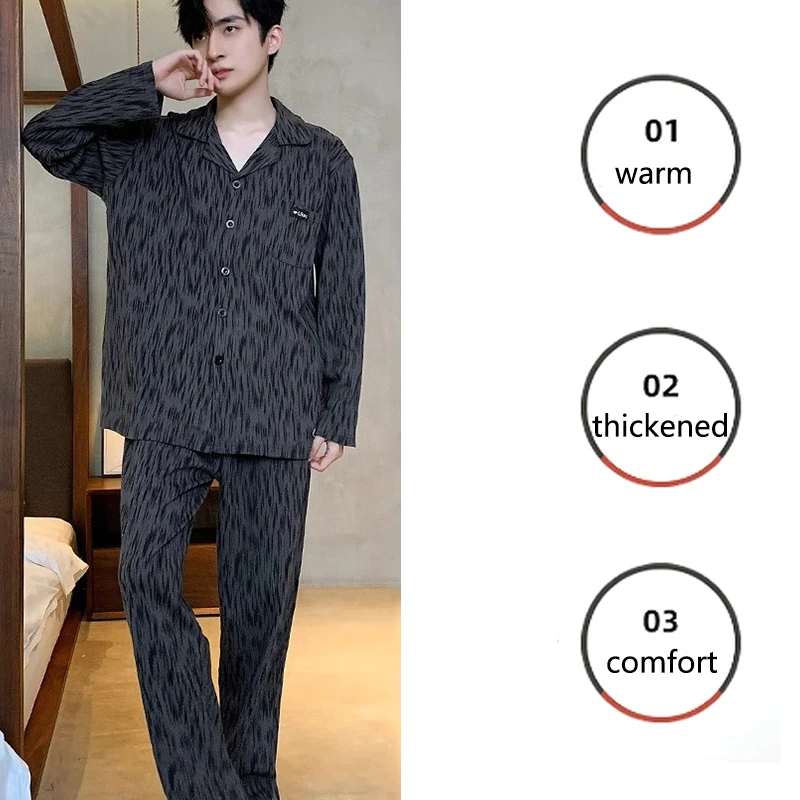 High-Grade Cotton Pyjamas Men\'s Autumn Winter Long-Sleeved Big Yards Outside the Cardigan Homewear Plaid Sleepwear Man2PCS/Set