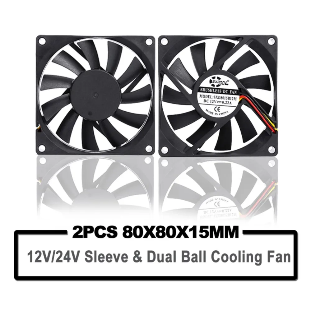 2 STKS SXDOOL Computerkast Fan 80*80*15mm 80mm 8 cm Borstelloze 24 V 12 V 8015 Dual Bal/Mouw Koeling Koeler CPU PC Laptop