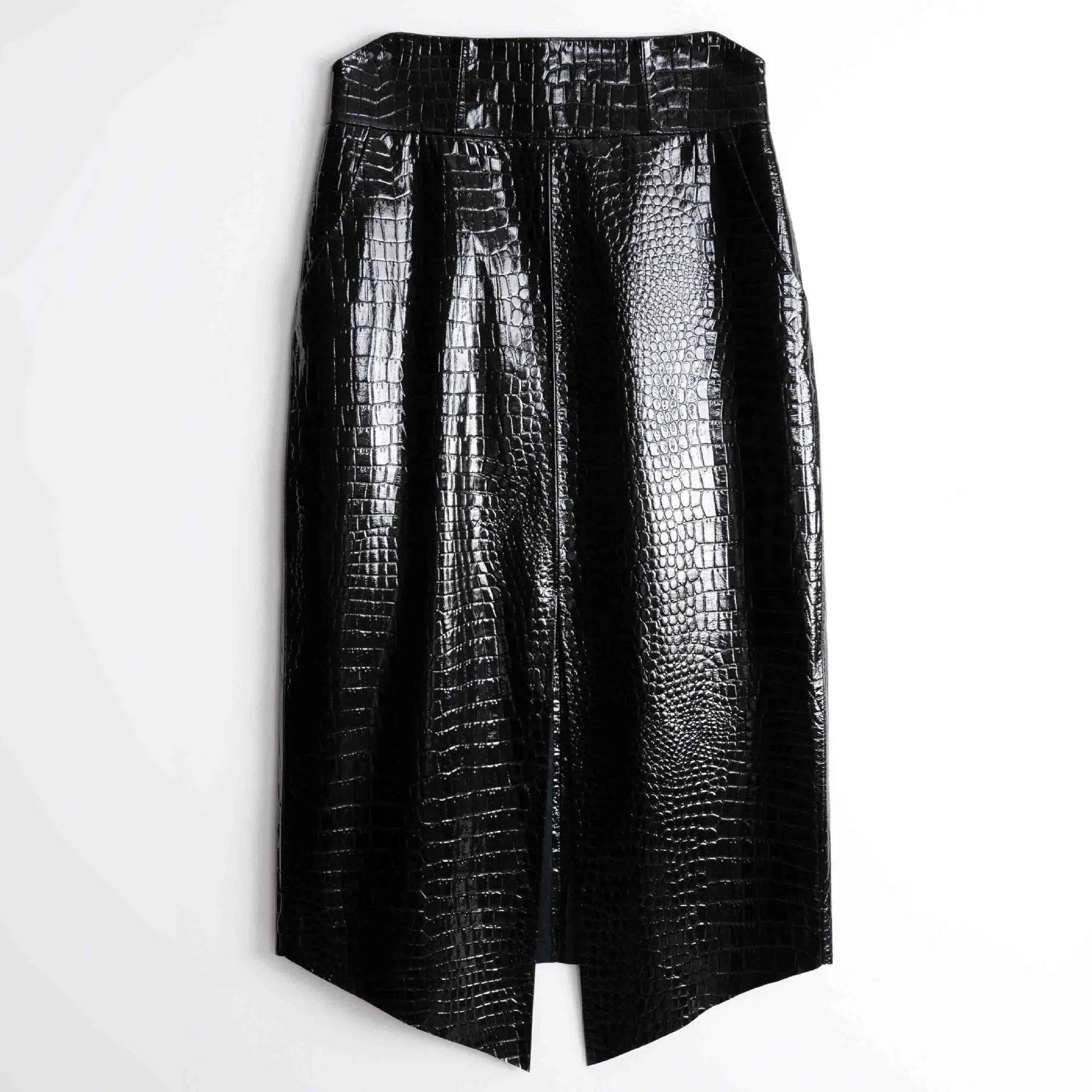 

Genuine Leather Skirt 2024 Spring New Lacquer Leather Crocodile Embossed Lambskin High Waist Wrap Hip Split Over Knee Skirt