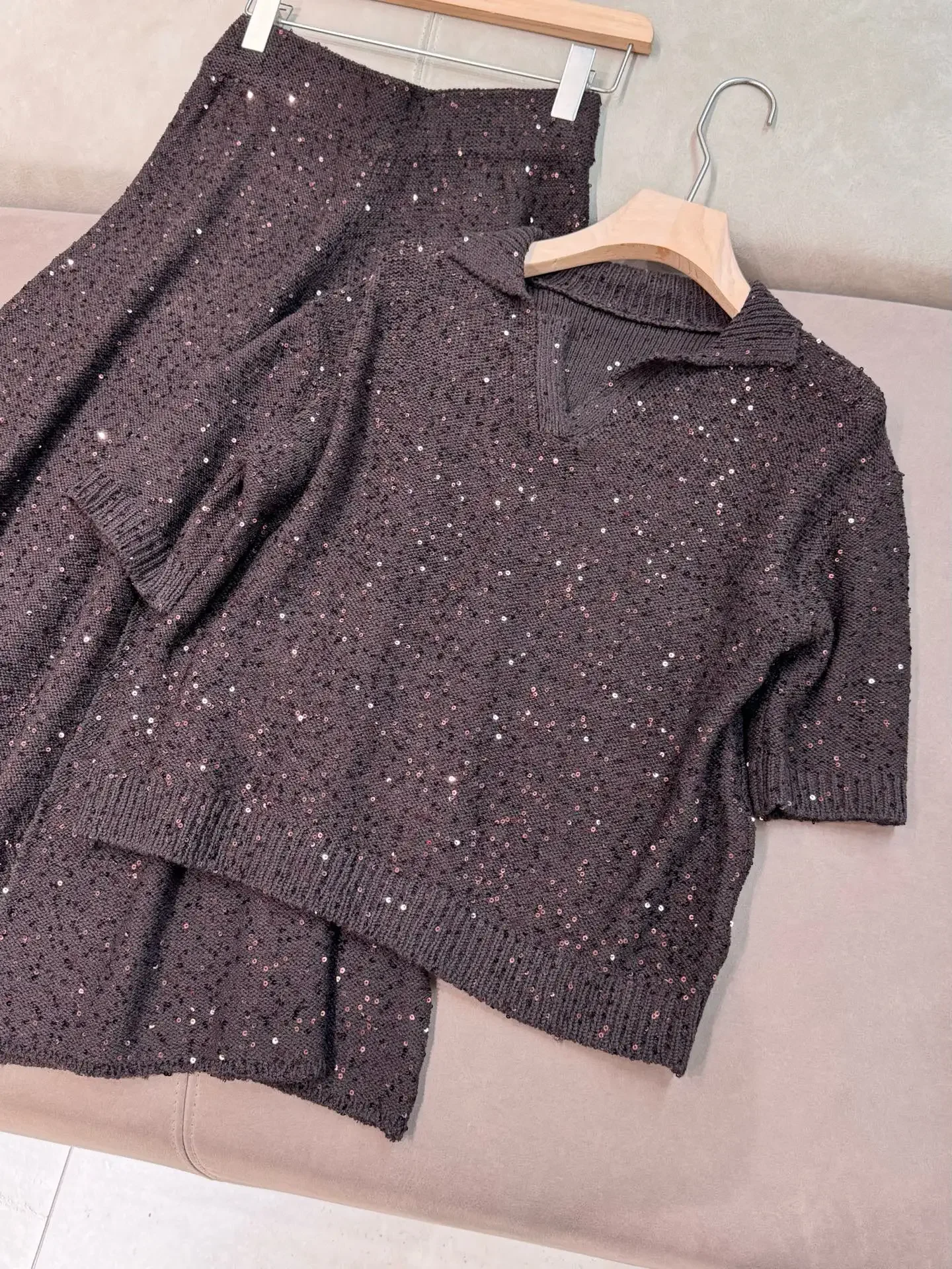 Summer 2025 Women's Sequined 2-Piece Set Turn-down Collar Short Sleeve Shirt or High Waist A-Line Midi Skirt Elegant Knit Suit