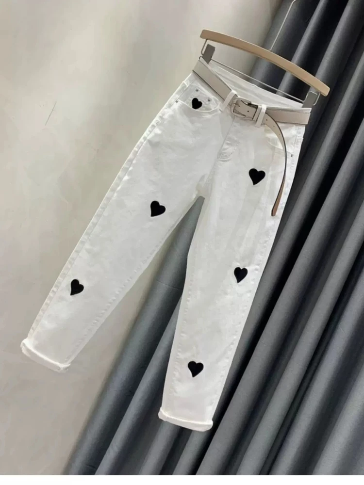 Jeans Embroidered Heart Womens Summer New 2026 High Waist Stretch Slim Slimming Cropped Skinny White Vintage Retro Trousers