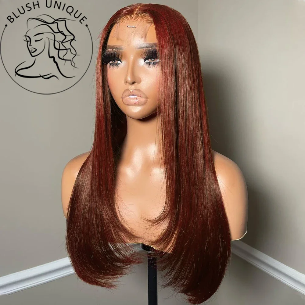 Wig 13X4 tanpa lem lurus berlapis Wig sawo matang coklat potongan berlapis renda depan Wig tembaga merah sintetis kupu-kupu potong rambut renda Wig