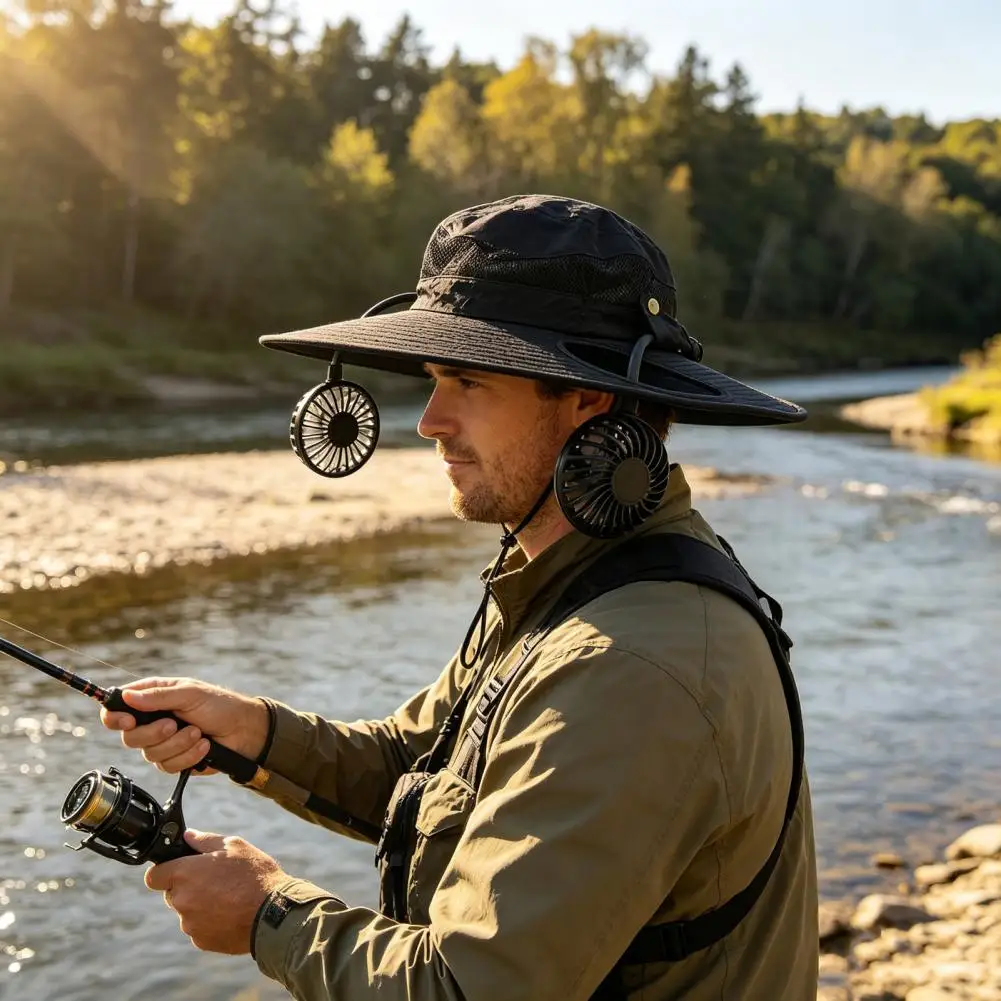 Hands Free Headwear Solar Fan Hat with Dual Solar-powered Fans Upf 50 Wide Brim Sun Protection Hat Rechargeable for Outdoor