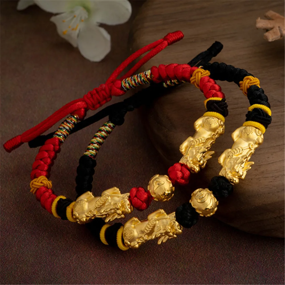 

Pure 999 24K Yellow Gold Men Women Best Gift Craved Money Coin Ball Dragon Son Pixiu Bead Bracelet 2.7-3g