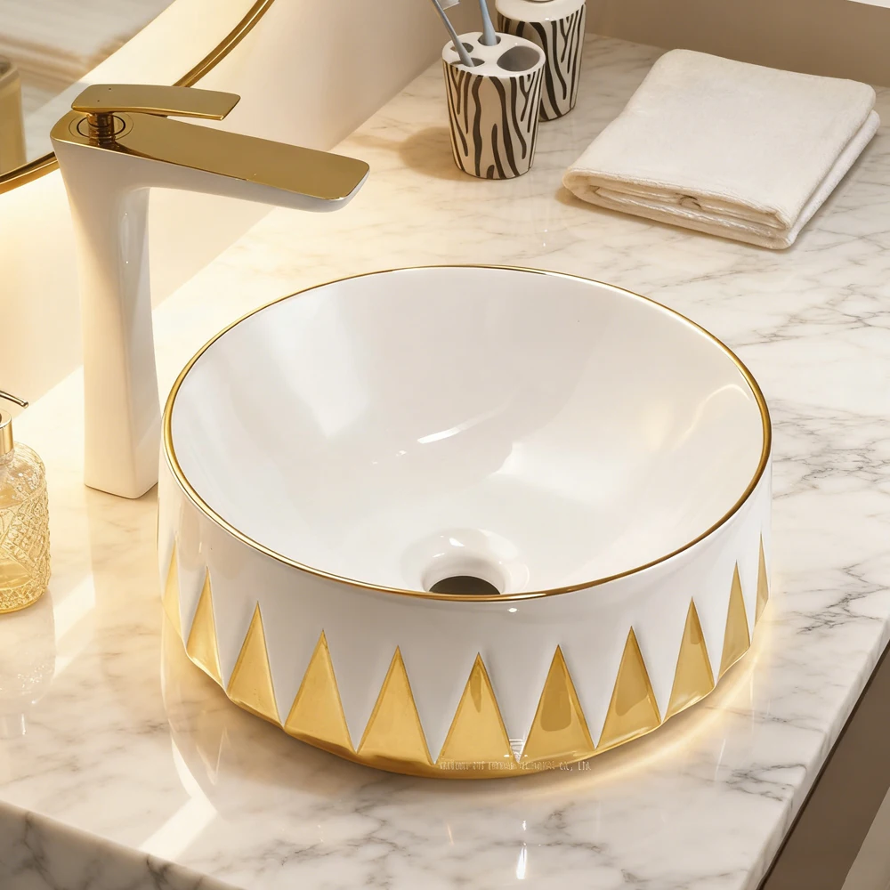 Luxury Ceramic Round Bathroom Sink Gold Art Basin Porcelain Countertop Sink Lavabo Dining Room Wash Hand Basin For Hotel Project