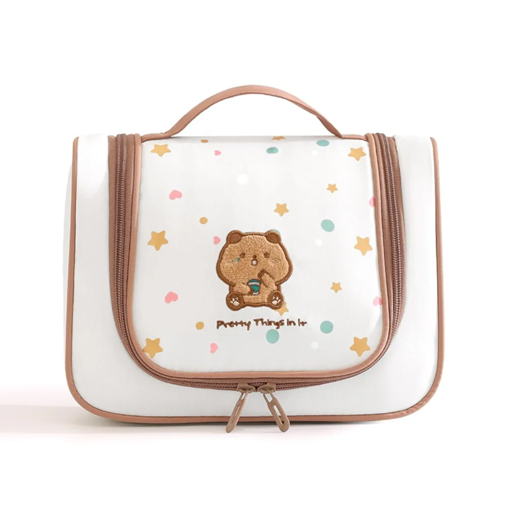 Cartoon Embroidery Cosmetic Bag Hanging Large Capacity Travel Toiletry Bag with Separate Compartments Portable Makeup Organizer