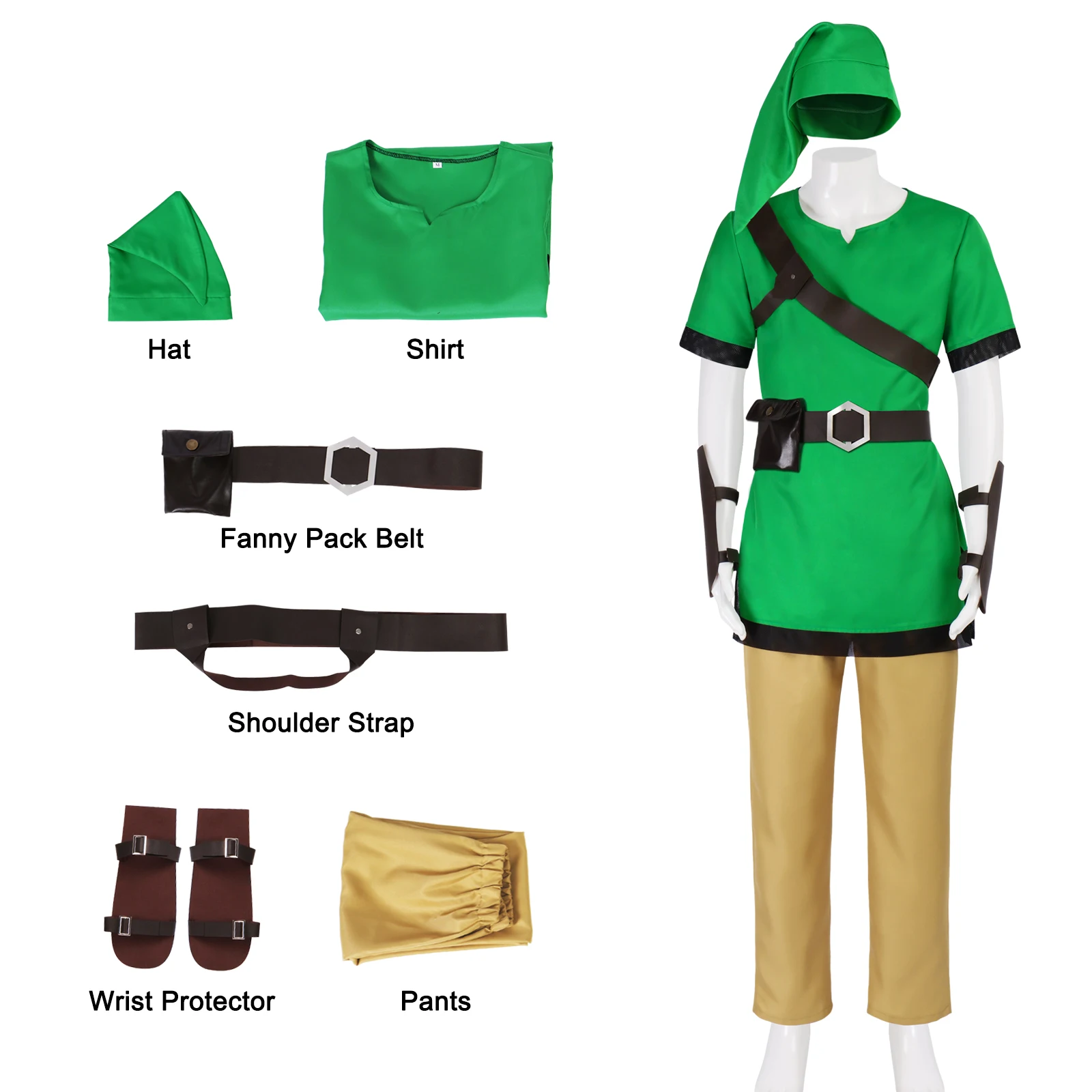 クラシックリンクコスプレ衣装セット ゼルダの伝説 グリーンチュニック ブラウンパンツ ベルト ハット ハロウィン アニメイベント パーティーコスプレ