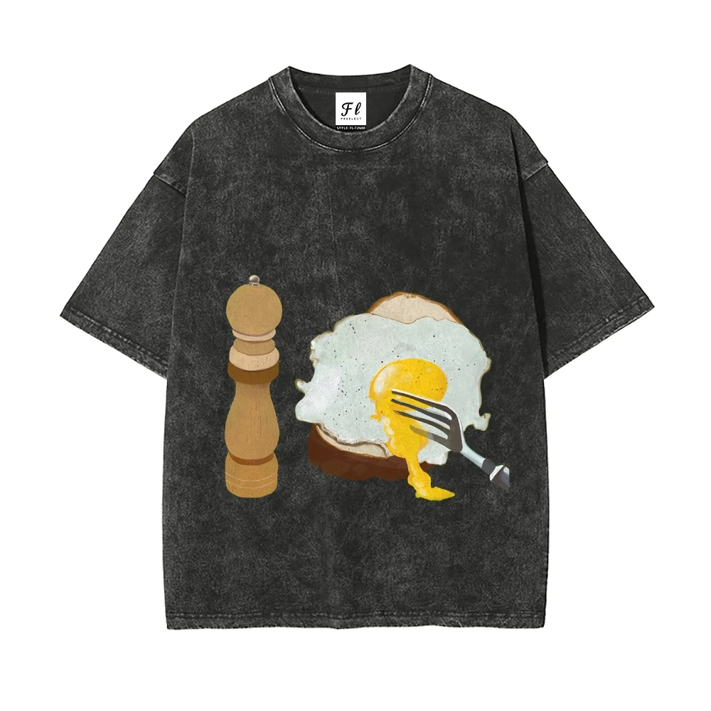 Artistic Vintage Washed Crew Neck T Shirt with Breakfast Illustration Life Style Fun Design  LightweightComfort Fit Daily Wear