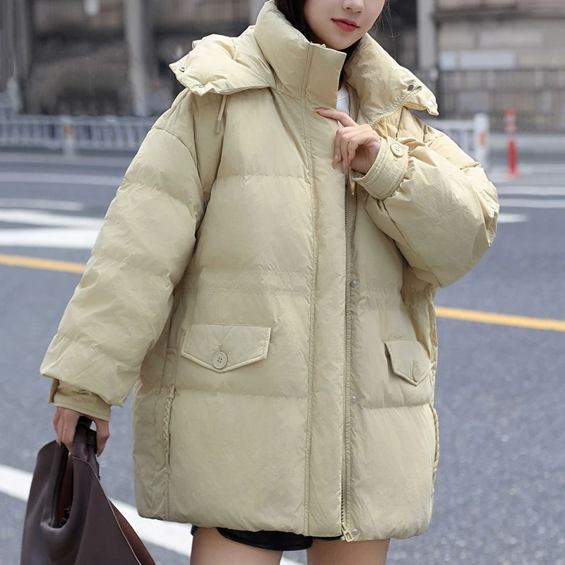 Women Hooded Down Coat Fashion Solid Color Warm Parkas Autumn Winter Drawstring Waist Long Sleeve White Duck Down Casual Jacket