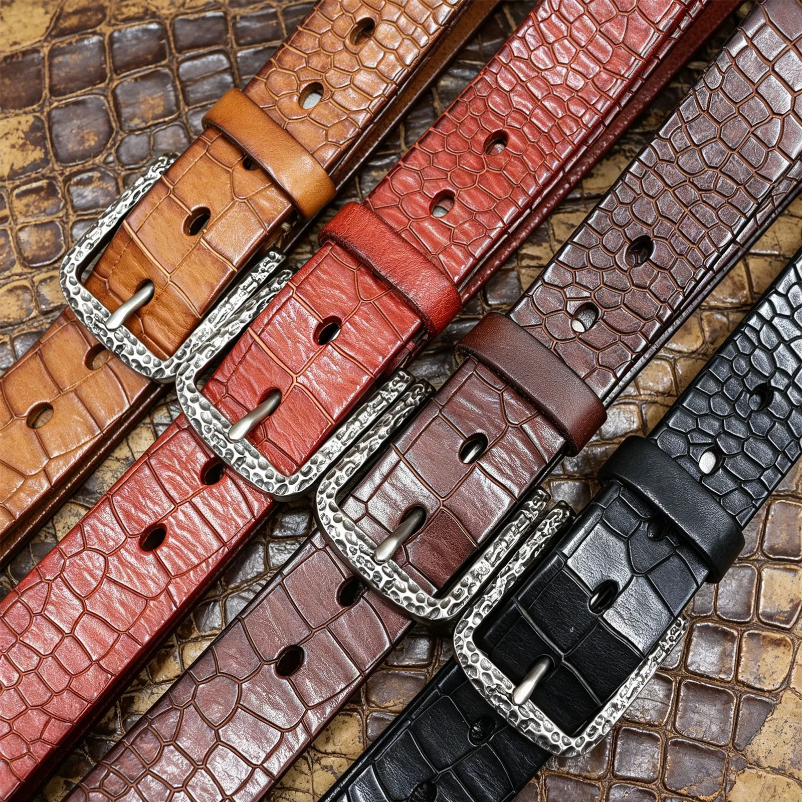 Vintage Croc‑Pattern Full Grain Cowhide Belt for Men Retro Embossed Real Leather Pin Buckle Waistband Daily Pants Accessory