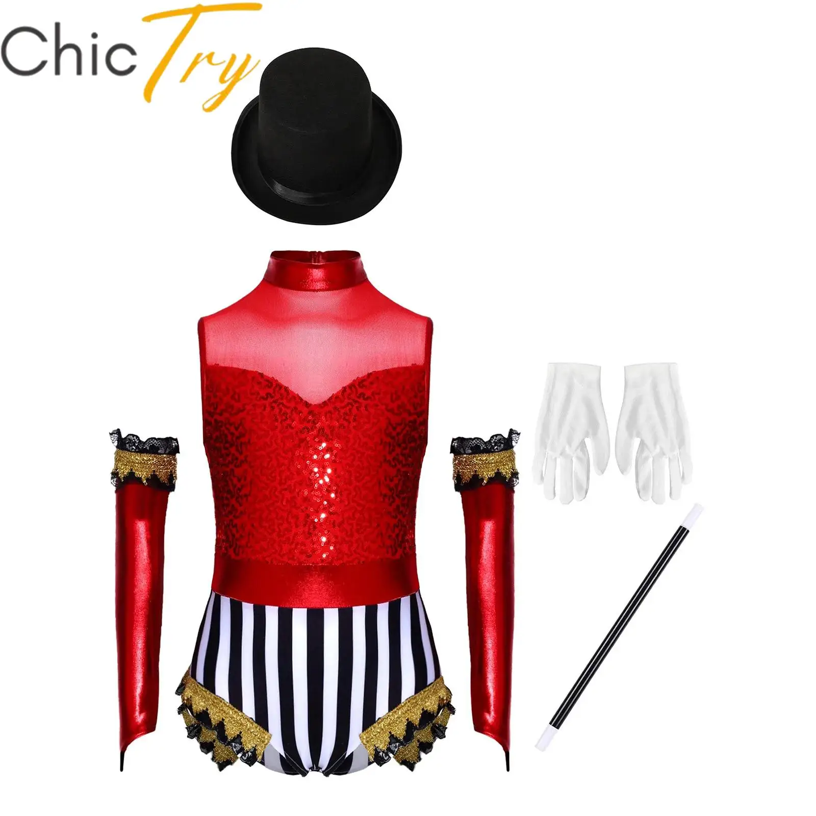 

Kids Girls Circus Magician Cosplay Costume Halloween Cosplay Themed Party Leotard with Hat Magic Wand Gloves Carnival Dress Up