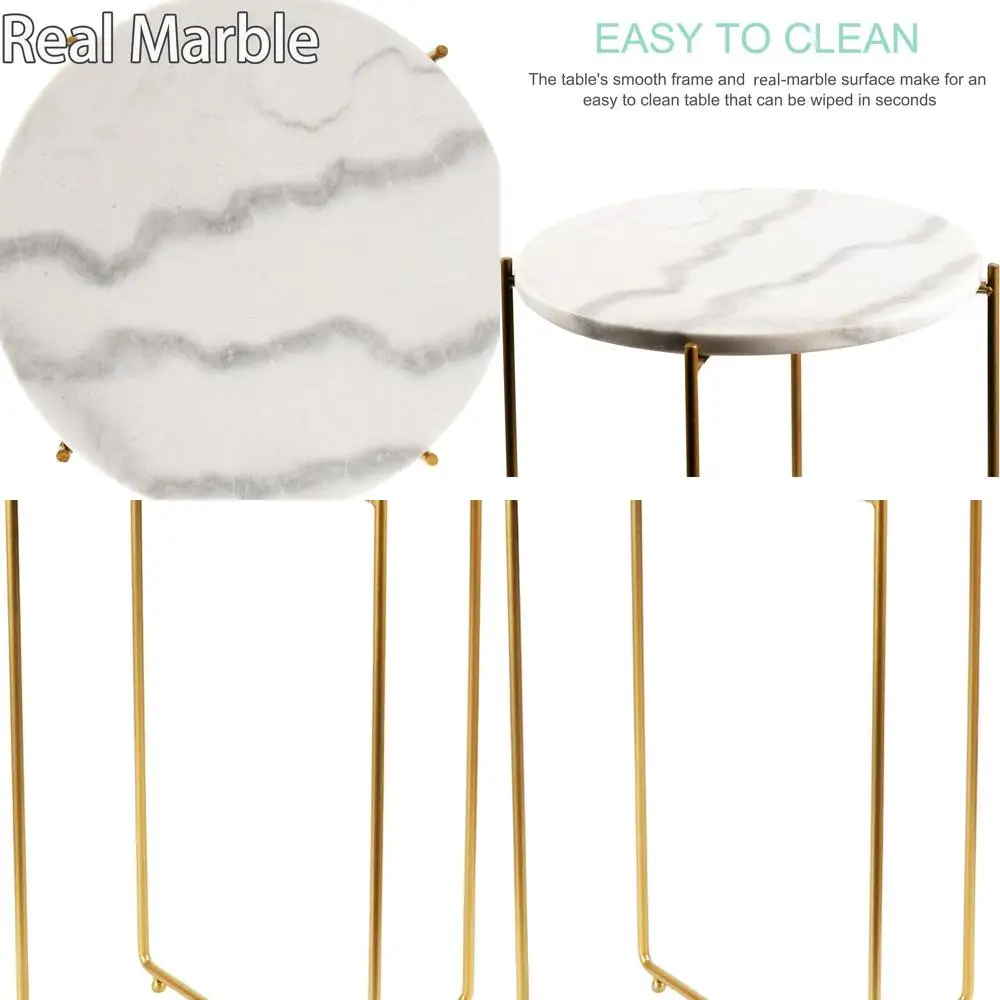 大理石の天板が付いたモダンなゴールドの丸いエンドテーブル。リビングや寝室の狭いスペースに最適です。