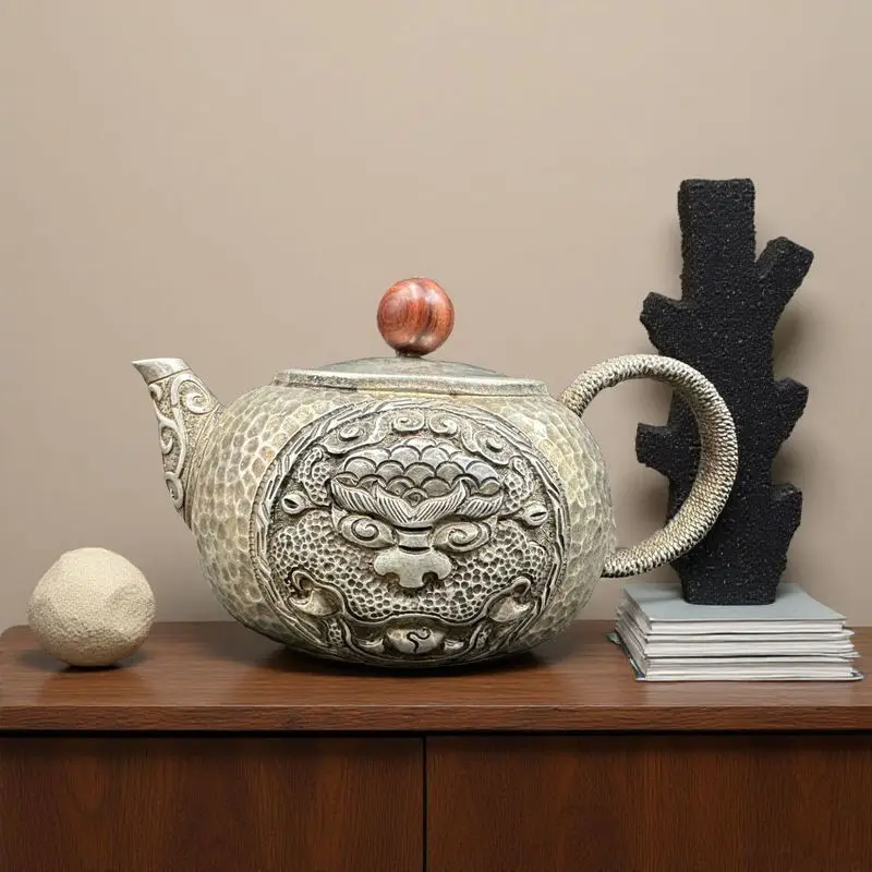 Handicraft , white copper with aged patina, dragon pot, exquisite tea room decoration, art craft ornament
