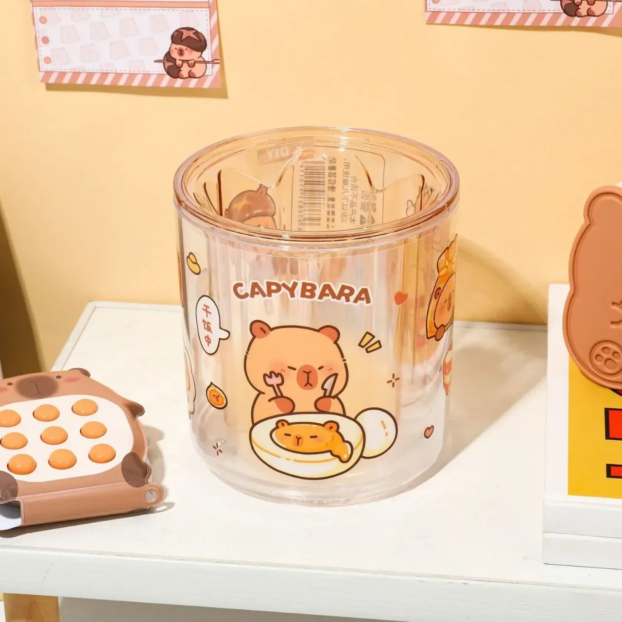 Cartoon Capybara storage box cartoon kawaii transparent rotatable stationery pen holder makeup brush storage Kids Gift