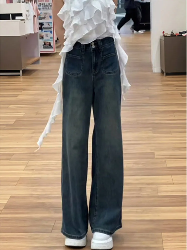 plus Size Vintage Fce Lined Thi Denim Pants Women's Autumn Winter Loose Straight Wide Leg Long Trousers Slimming Effect