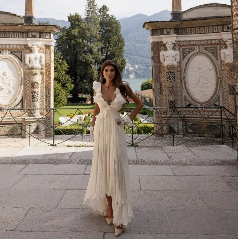 Boho robes de soirée en mousseline de soie couches sans manches une ligne femmes robe dos nu Sexy col en V profond longues robes de bal sur mesure