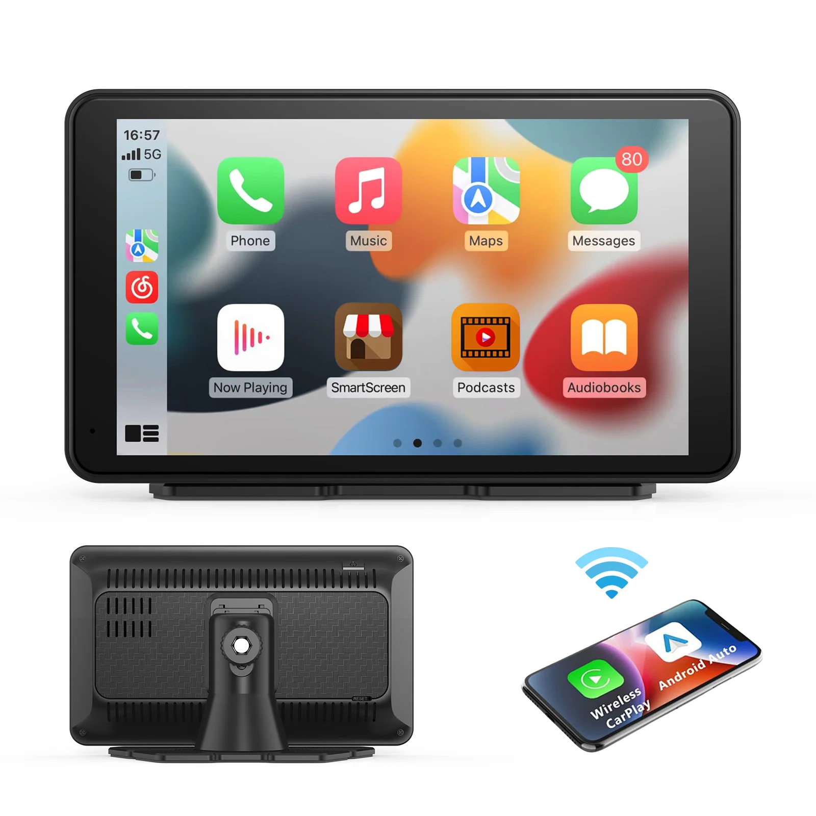 Draagbaar CarPlay 7'' slim touchscreen met autoradio, draadloze Android Auto/Mirror Link/AUX-verbinding/FM