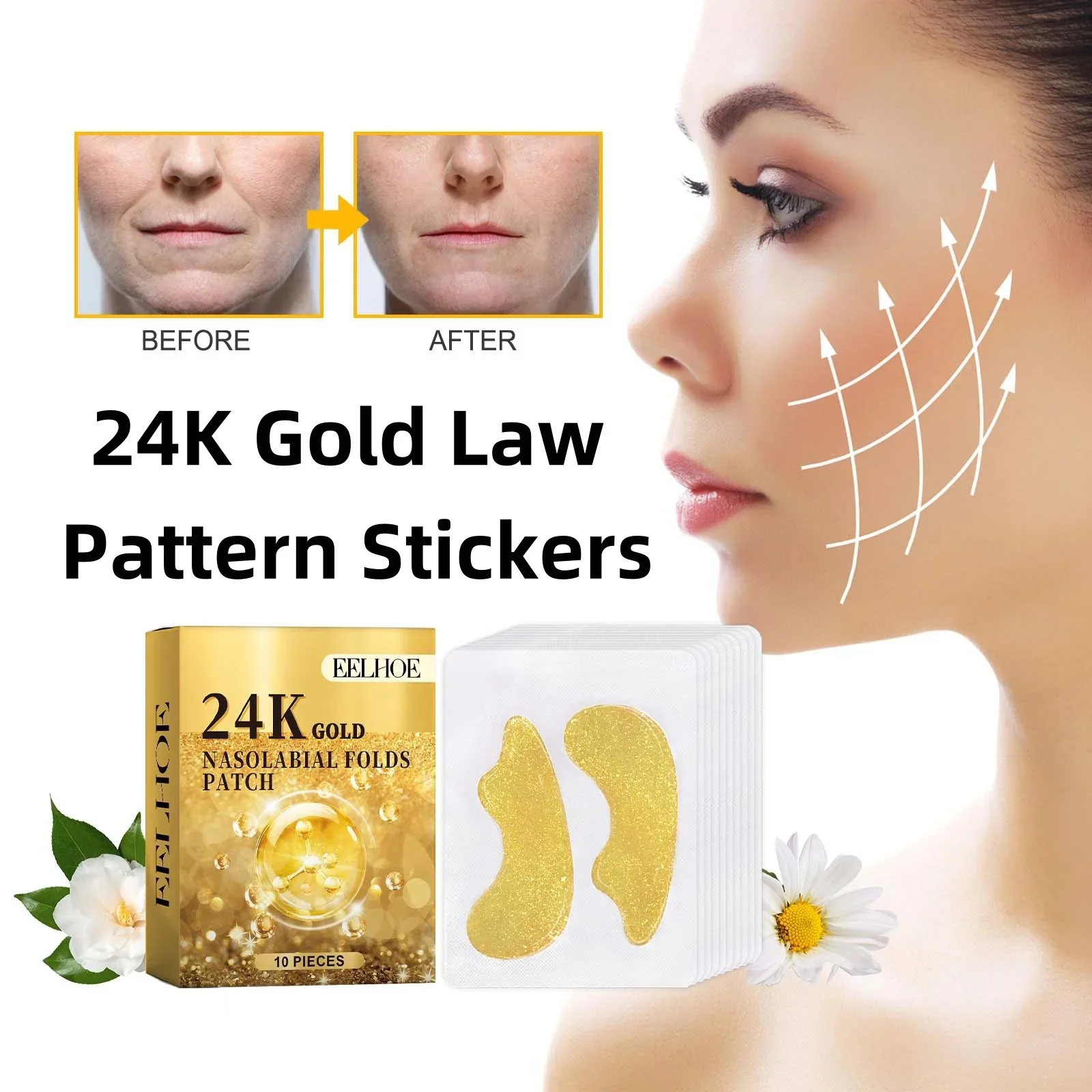 24K Gold Nasolabial Folds Patches Improving Wrinkles Smiling Lines Firming Lifting Skin Gentle Moisturizing Facial Care Product