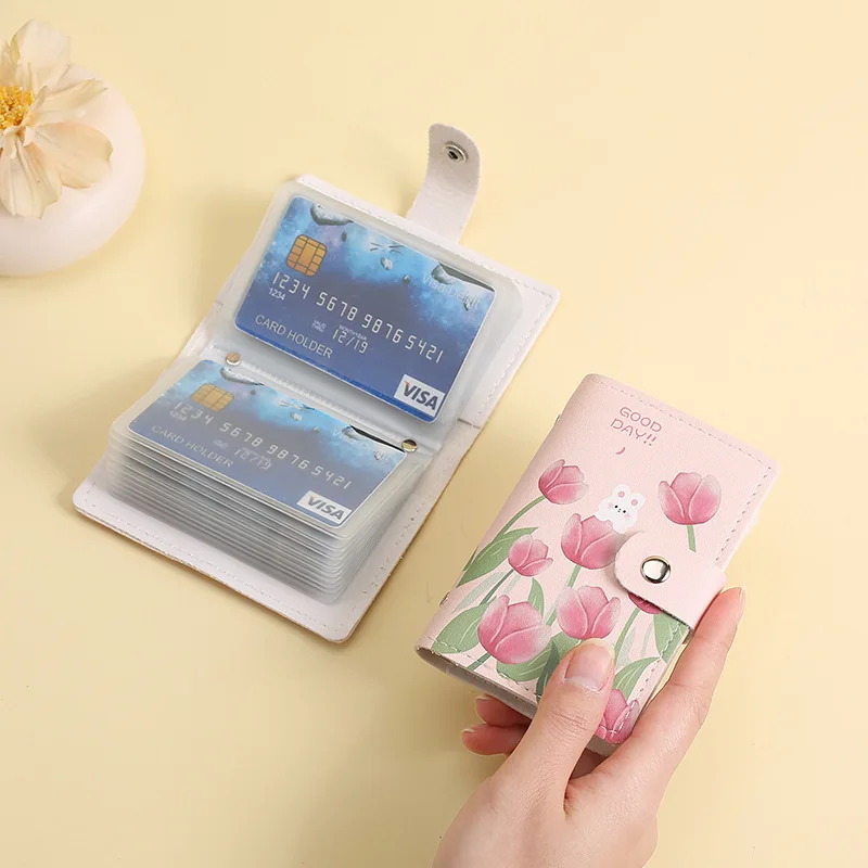 Pink Tulip Card Holder, Cute Bunny Print Snap Button Card Case, Multi-slot ID & Card Storage Wallet