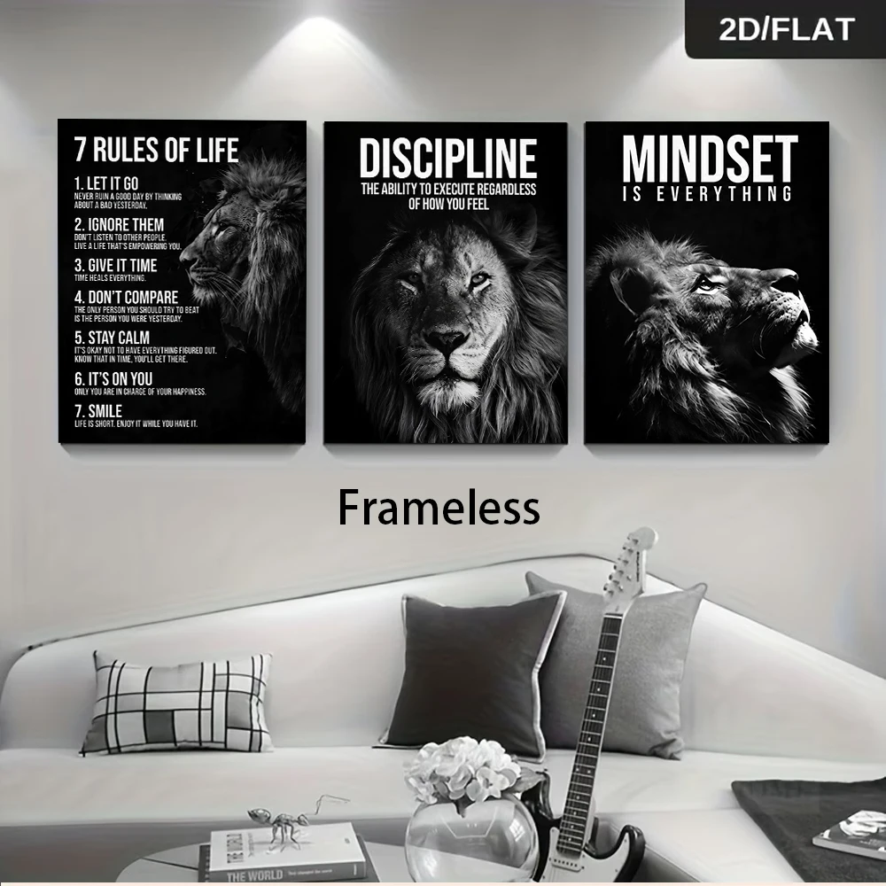 1 Set Modern Motivational 3-Piece Frameless Wall Art – Black & White Lion Design with 