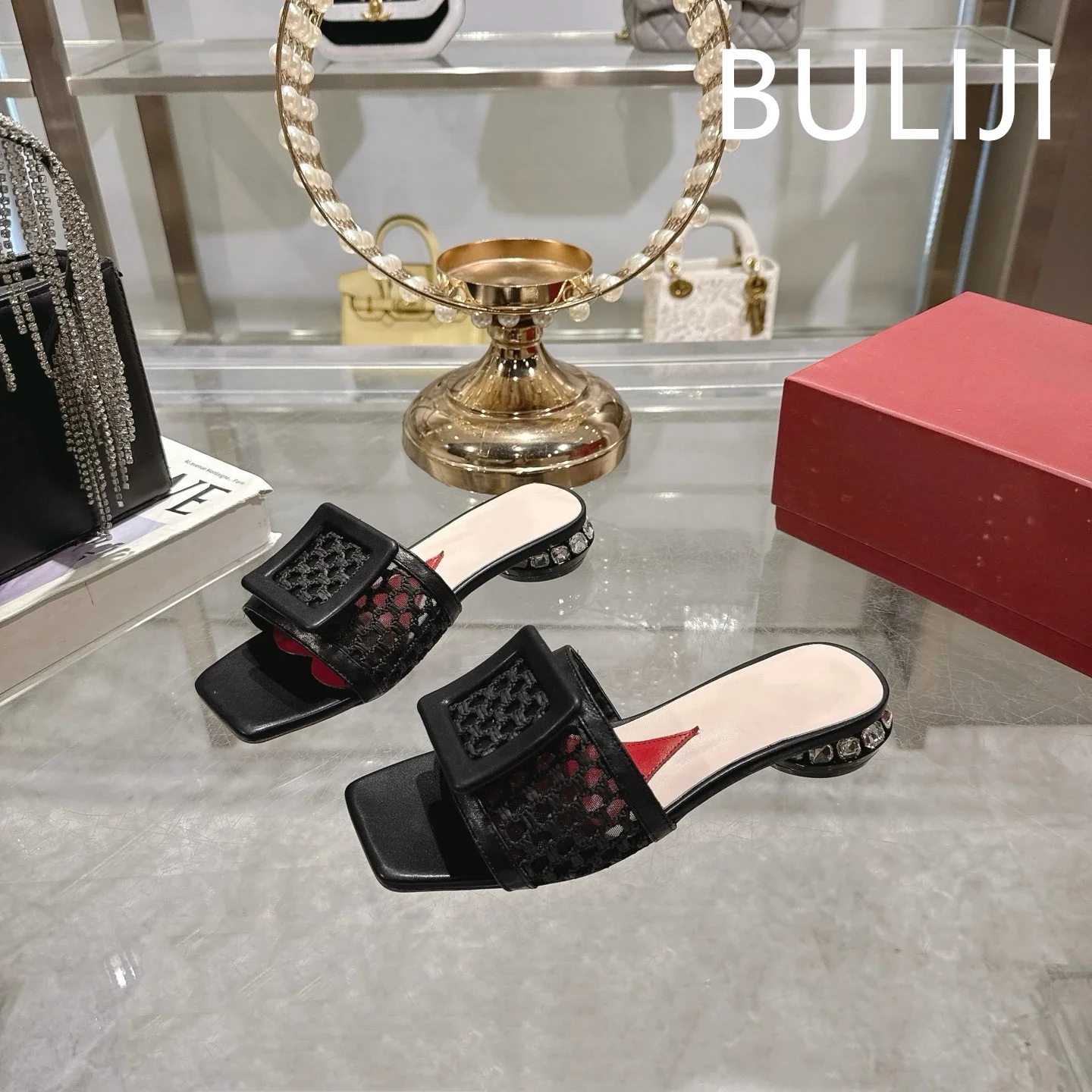 Zapatos de Mujer, Sandalias Tejidas de Tacón Bajo con Cristales, Hebilla de Cuero Genuino, Sandalias de Verano, Zapatos de Diseñador, Zapatillas de Mujer