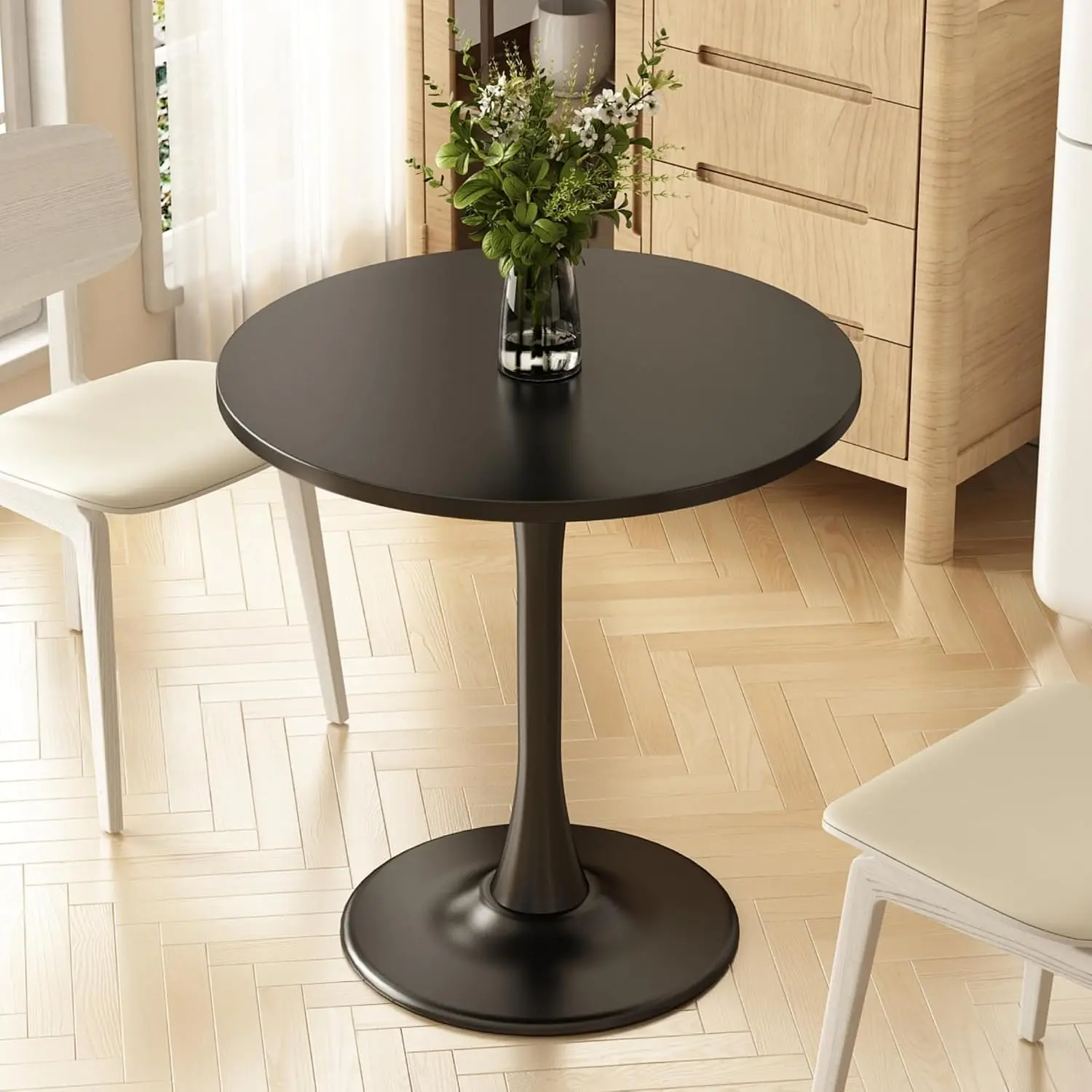 Black 27.5 Inch Round Tulip Dining Table for 4 People, Mid-Century Modern Leisure Table, Thick Wood Tabletop with Sturdy Metal Pedestal for Small Spaces Living Room Cafe