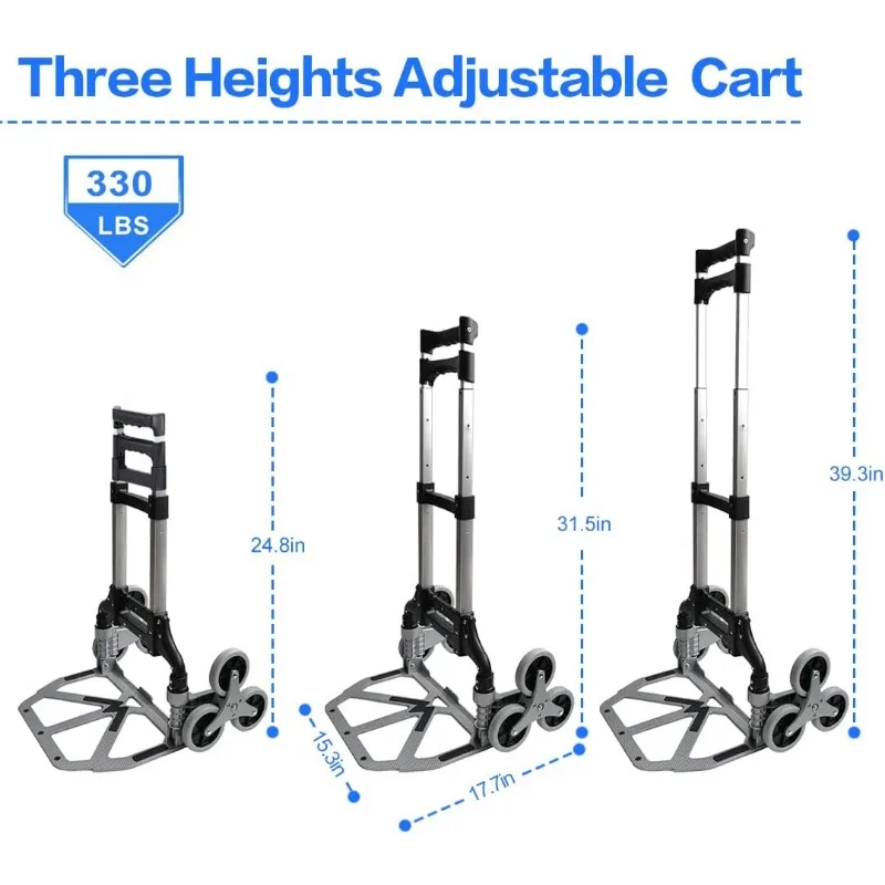 Stair Climbing Cart Portable Folding Hand Truck, 330 LBS Capacity Aluminium Trolley with 3-Level Height Adjustable Telescoping