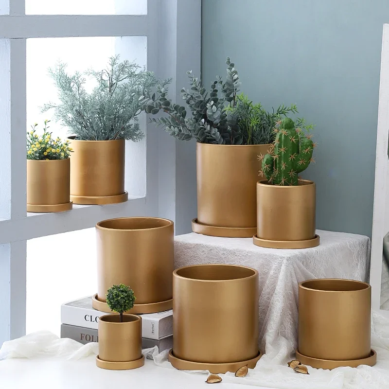 Nordic Matte Gold Cylindrical Ceramic Flower Pot Luxury Simple Straight with Tray Indoor Flower Plant Potted Garden Decoration