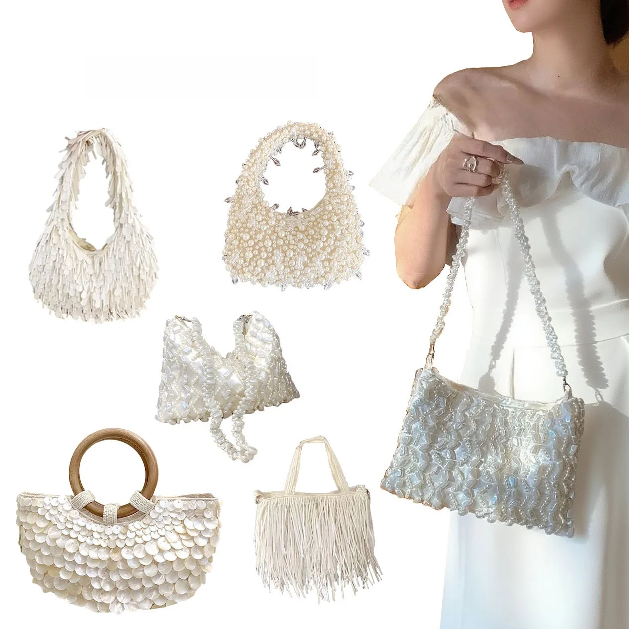 Fashionable Pearl Tassel Crystal  Beaded Sub-Pocket Bag Elegant Versatile Shoulder Bag Underarm Bag for Men And Women