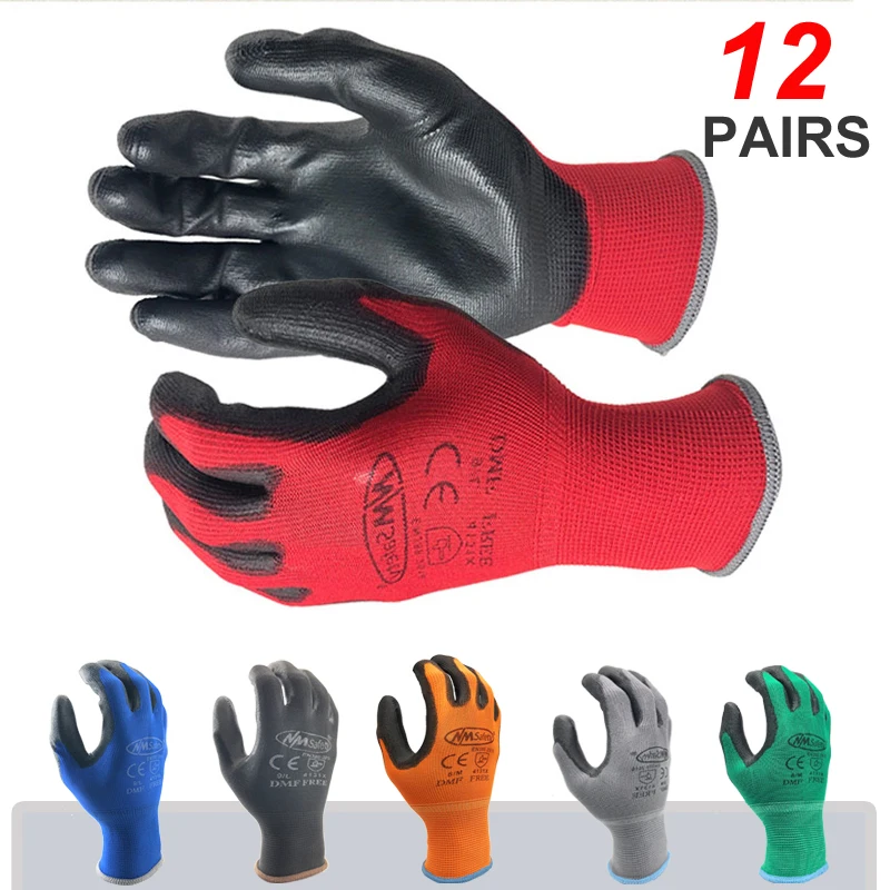 24 Pieces/12 Pairs Industrial Working Gloves 13 Gauge Knitted Red Nylon Dipped PU Nitrile Coated Palm Security Protective Gloves