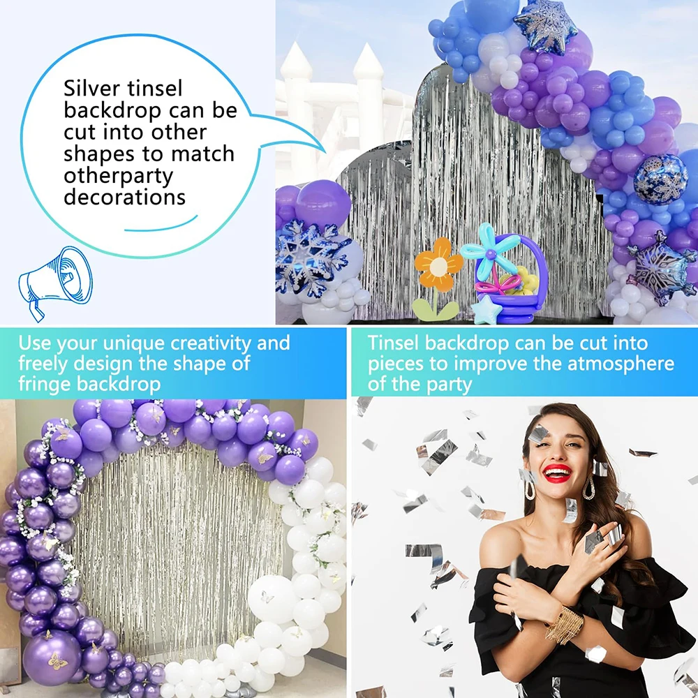 2 حزمة الفضة احباط الستار خلفية الفضة لامع بهرج احباط هامش الستائر خلفية صور الدعائم زينة عيد ميلاد الزفاف