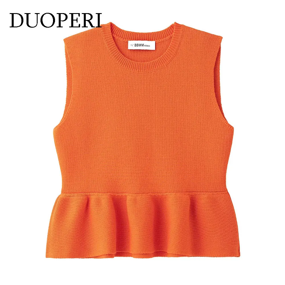 

DUOPERI женский модный вязаный оранжевый жилет плиссированный пуловер с круглым вырезом без рукавов женский шикарный женский повседневный жилет