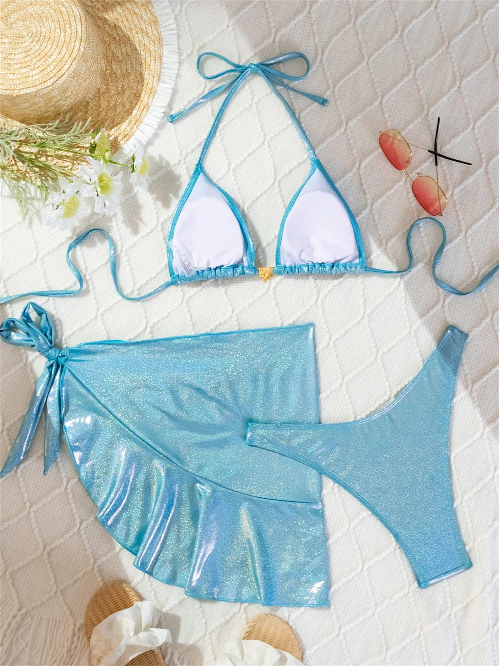 Maillot de bain bleu brillant Y2K, String, dos nu, jupe à volants, Cover-Up, Bandage, tenue de plage, pour femmes, vacances, costume de bain