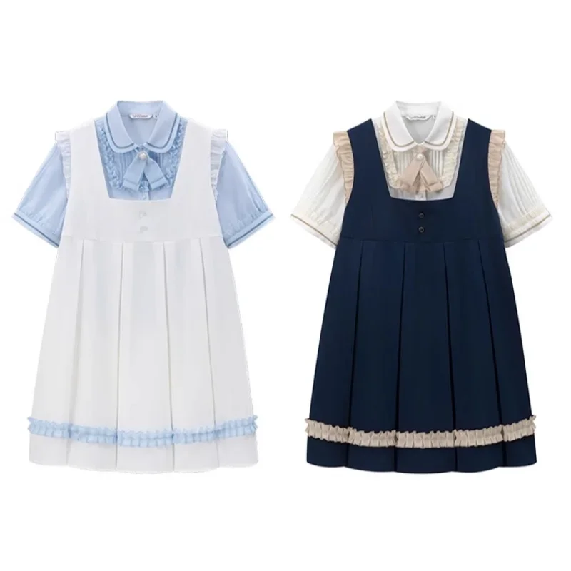 Uniforme JK de estilo japonés para niñas, Top de manga corta con borde de encaje, cuello de volantes, Falda plisada hasta la rodilla, color blanco, azul, Verano