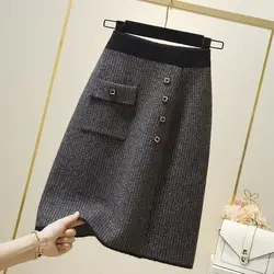 Vintage Fashion Autumn Winter New Women's Elastic High Waist Pocket Button Office Lady Mid-length Slim A-line Hip Wrap Skirt