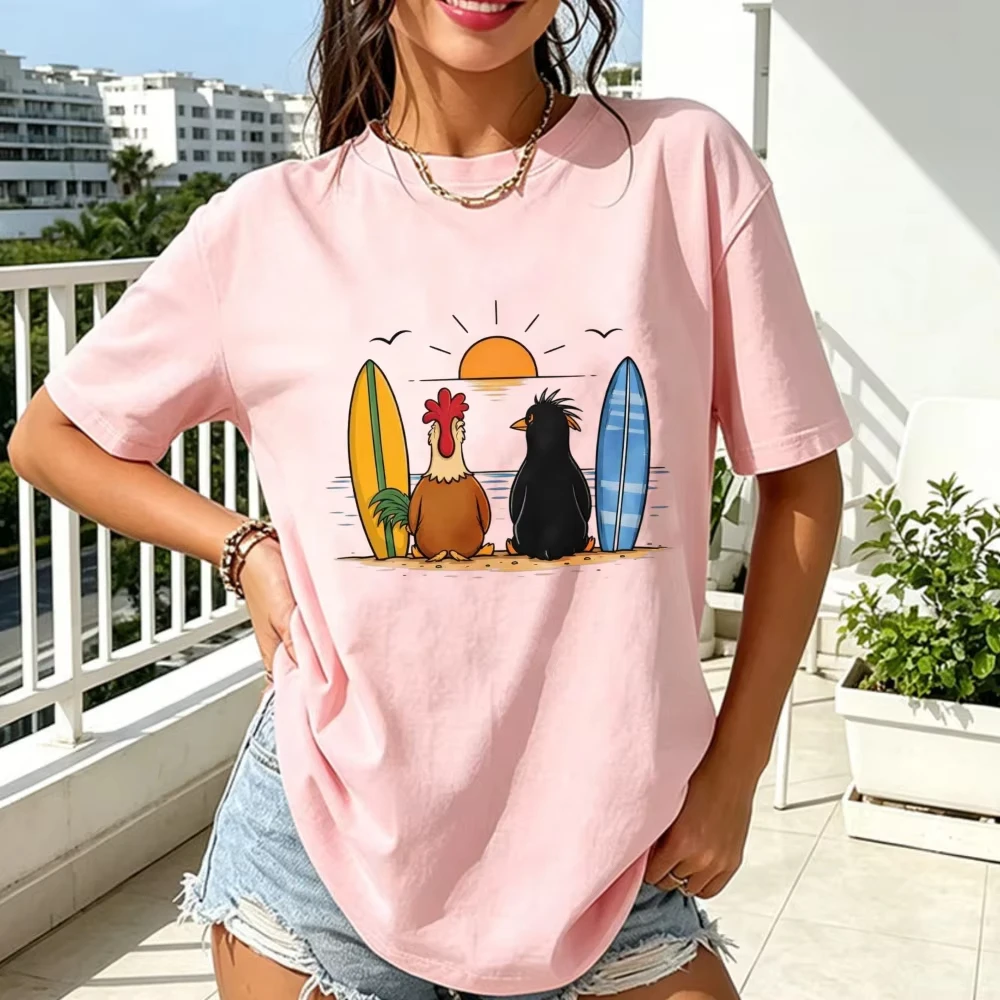 Rooster Penguin Surfboard Tropical Sunset Beach Cotton Women T-shirt Fun Animal Surf Graphic Tops Summer Hawaii Vacation Tees