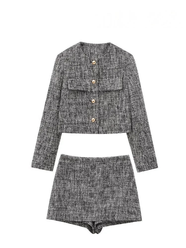 HH Women 2 Piece Set Plaid Single-Breasted Dummy Pocket Decorate Casual Jacket Coat+Fashion High Waist Zipper Mini Culottes