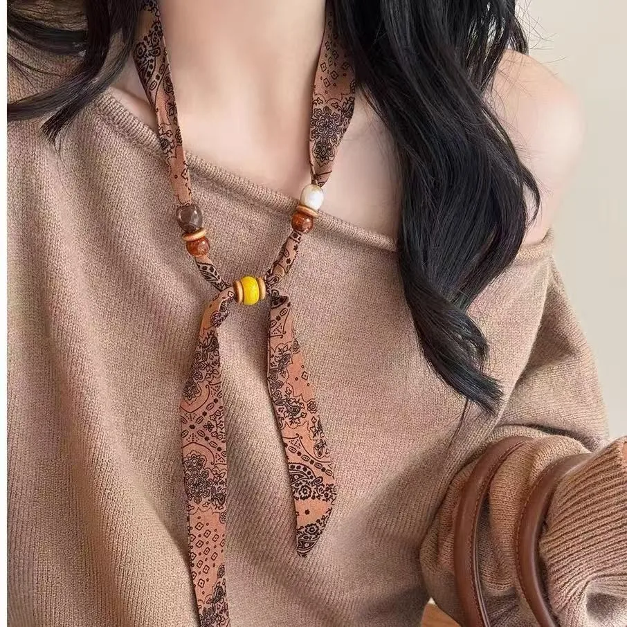 Adjustable Necklace with Multi-Color Bead String Scarf, 9 Beads Fashionable Korean Style Versatile Women's Outdoor Scarf Sweater