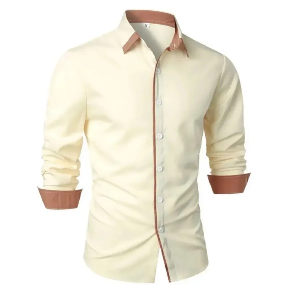 Summer Fashionable Men's Casual Color Blocked Long Sleeve Shirt Men's Business Collar Button up Top Casual Long-Sleeved Fashion